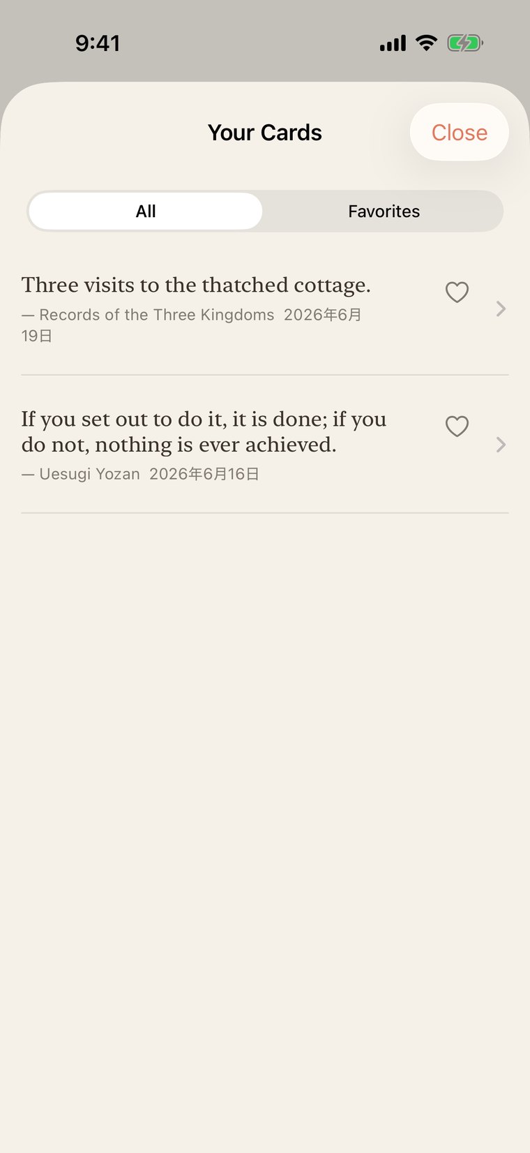 The Your Cards screen. The quote cards you've drawn so far line up in a chronological list, where you can mark favorites and keep them organized.