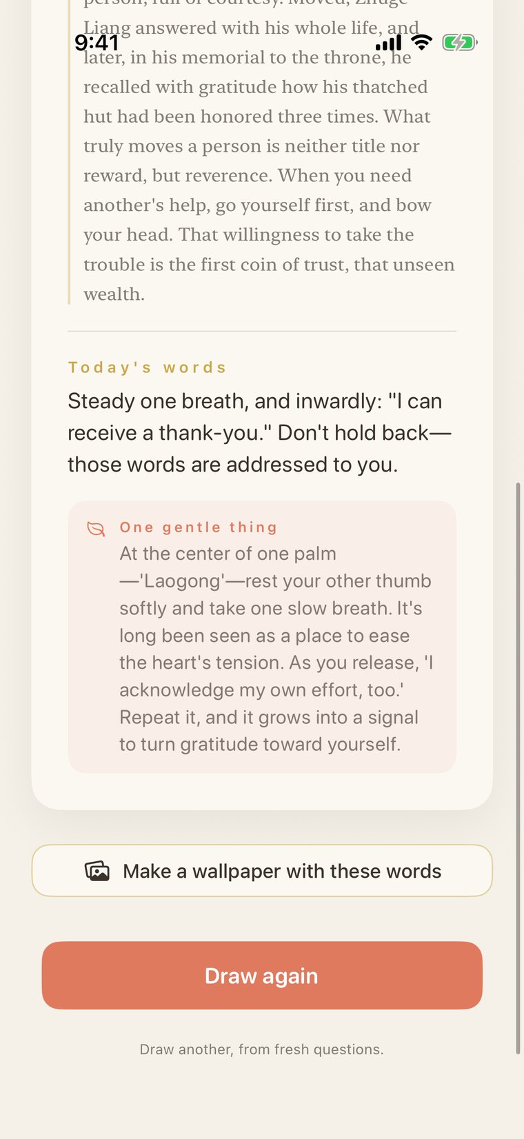 "Today's words" and "One gentle thing," unfolded after the commentary on the home screen. Small rituals are offered: gently touching an acupressure point, taking a breath, making an affirmation to yourself.