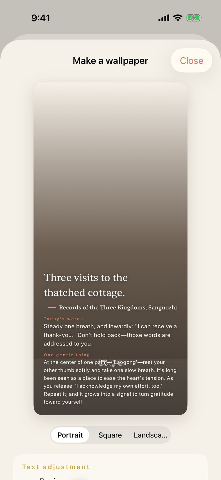 The wallpaper-making screen. A quote is laid over a chosen photo to create an elegant, frosted-glass-like wallpaper. Portrait, square, and landscape, with adjustable text position.