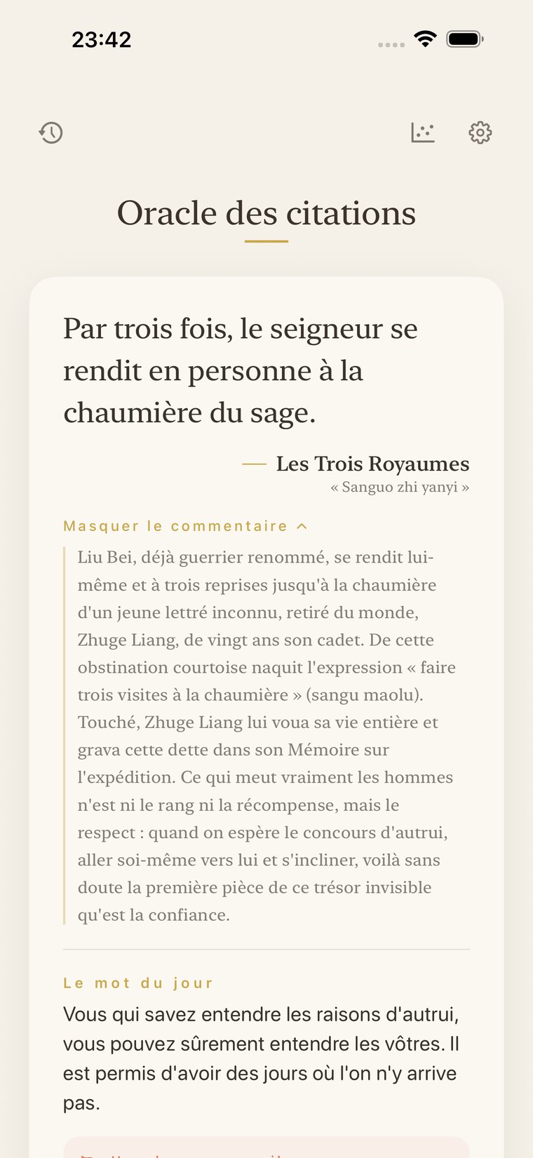 Le commentaire ouvert après la carte du jour sur l'écran d'accueil. Un commentaire littéraire sur le contexte historique des mots, leur sens et leur enseignement s'affiche dans une mise en page agréable à lire.