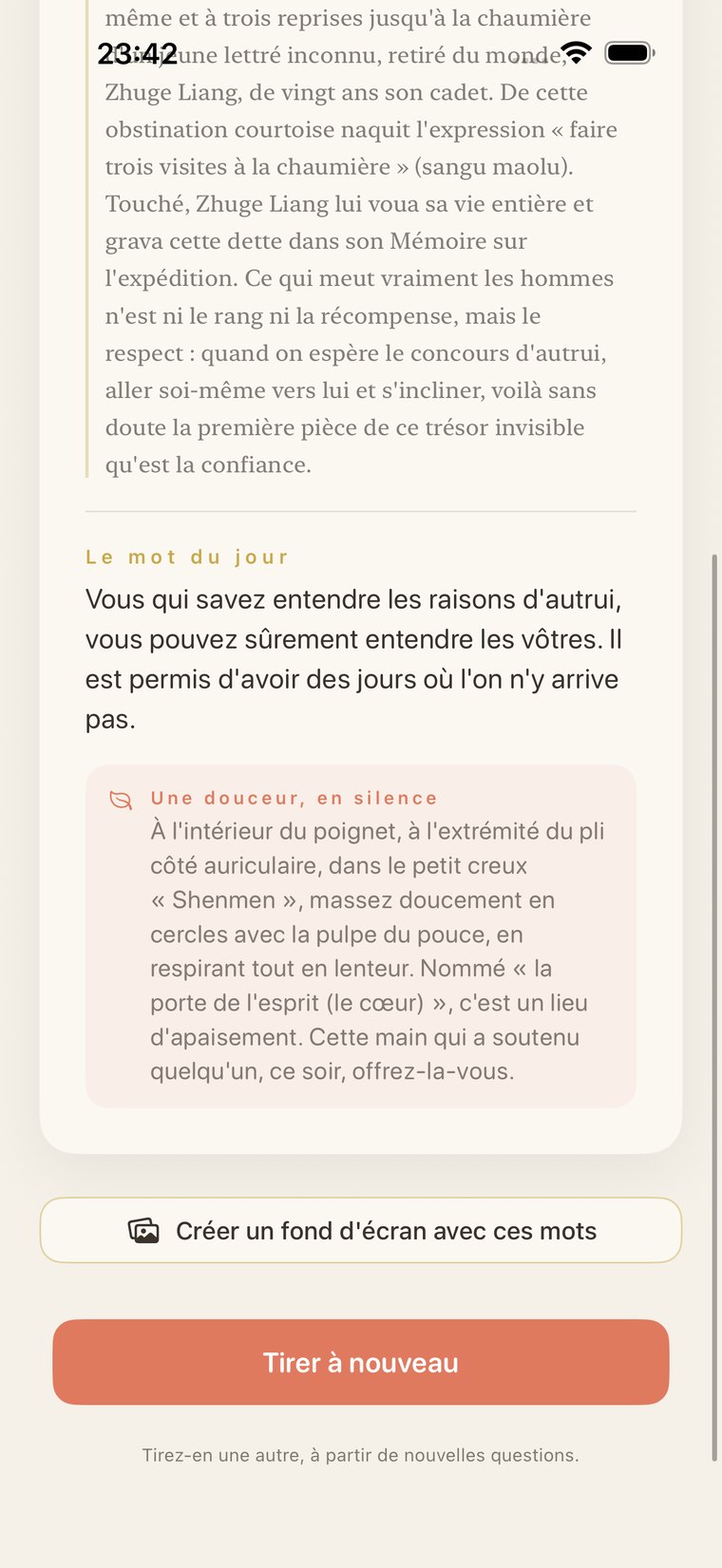 « Les mots du jour » et « Une chose douce », déployés après le commentaire sur l'écran d'accueil. De petits rituels sont proposés : effleurer doucement un point d'acupression, prendre une respiration, formuler une affirmation pour soi-même.