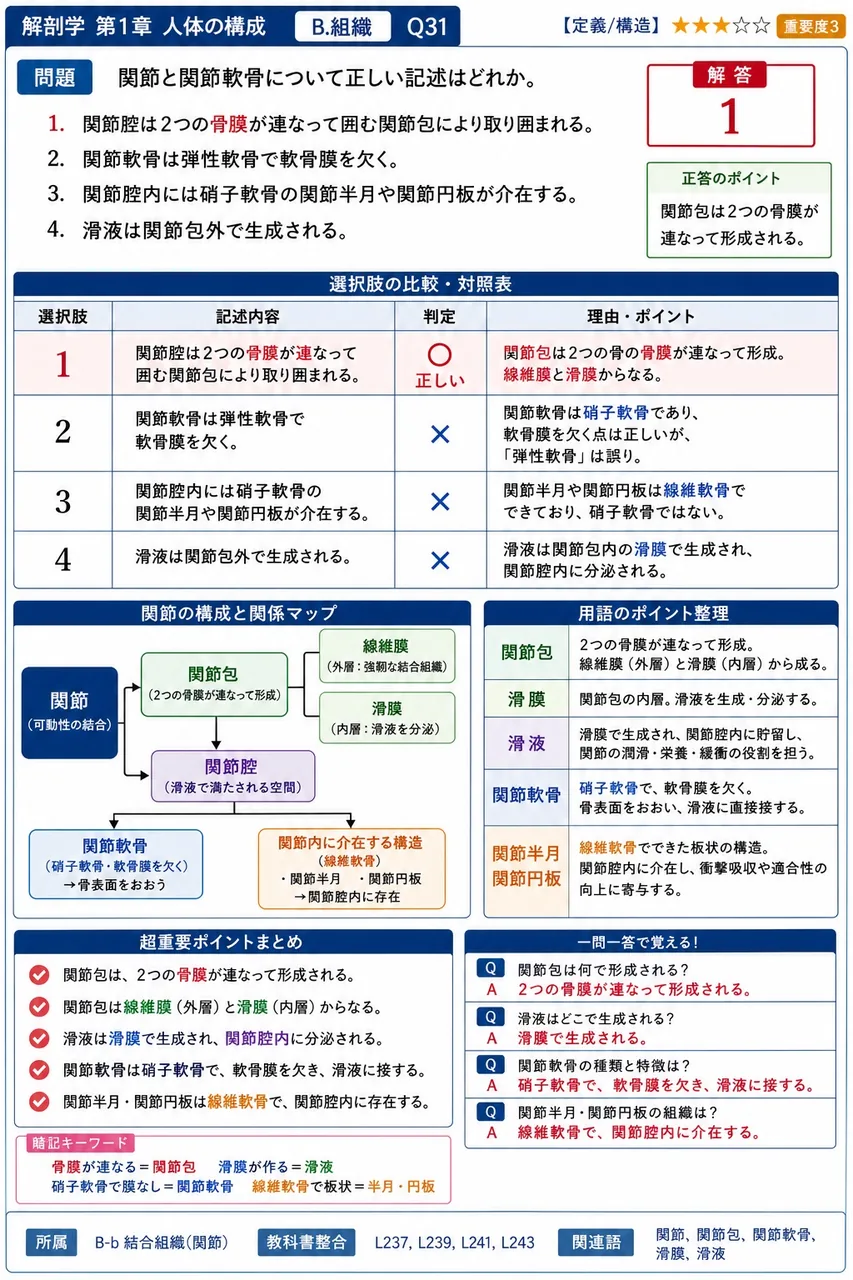 関節と関節軟骨について正しい記述はどれか。 解説図