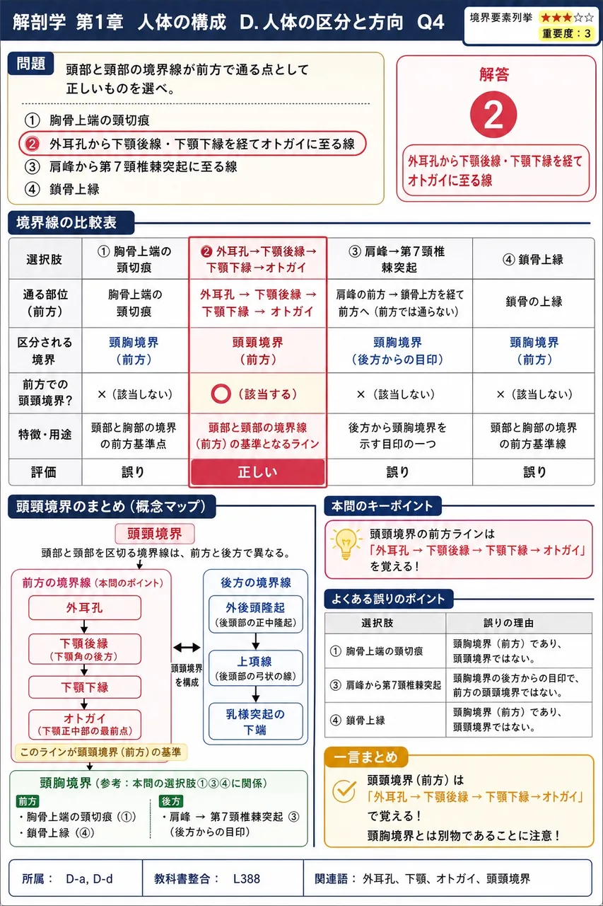 頭部と頸部の境界線が前方で通る点として正しいものを選べ。 解説図
