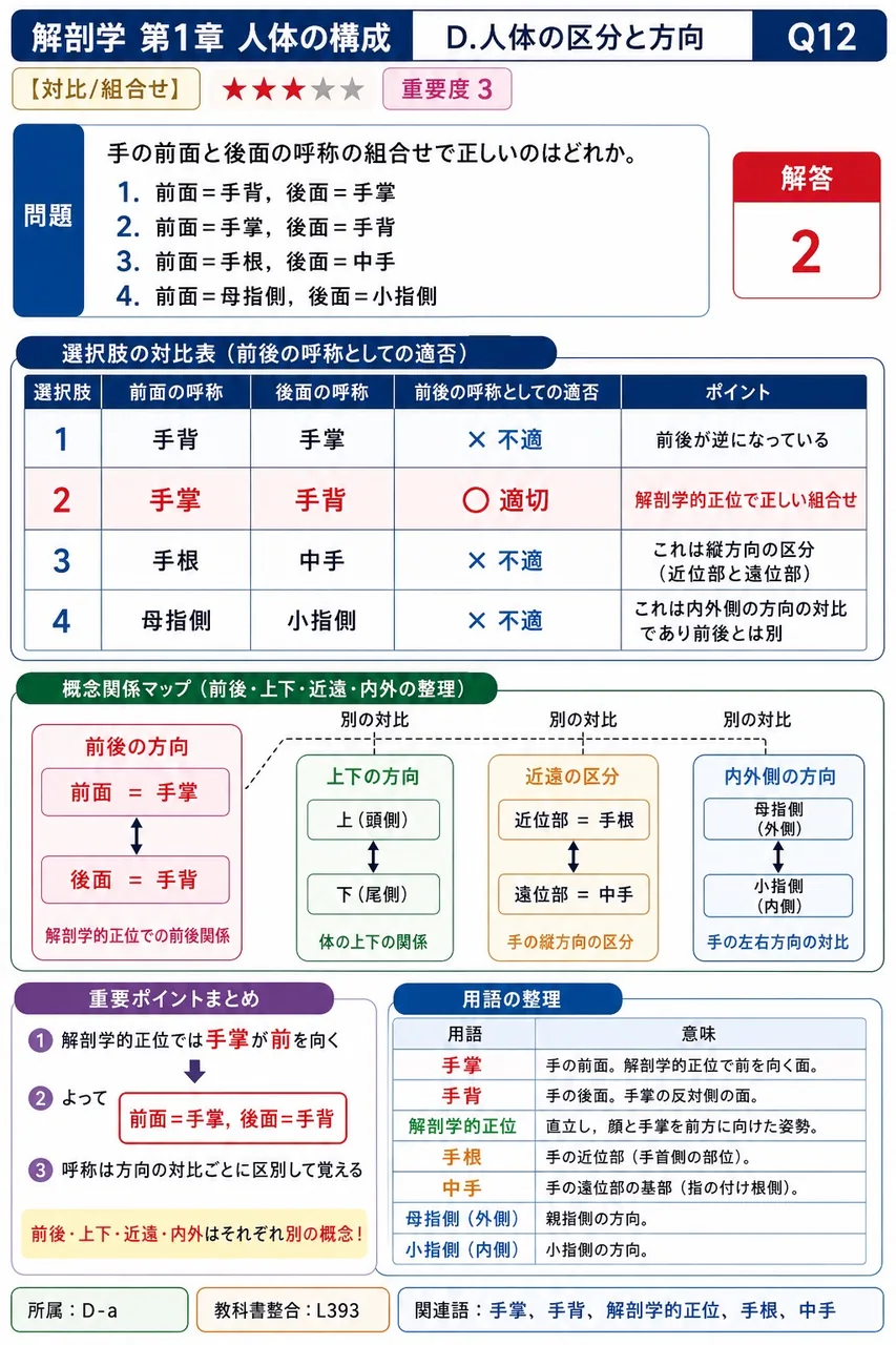 手の前面と後面の呼称の組合せで正しいのはどれか。 解説図