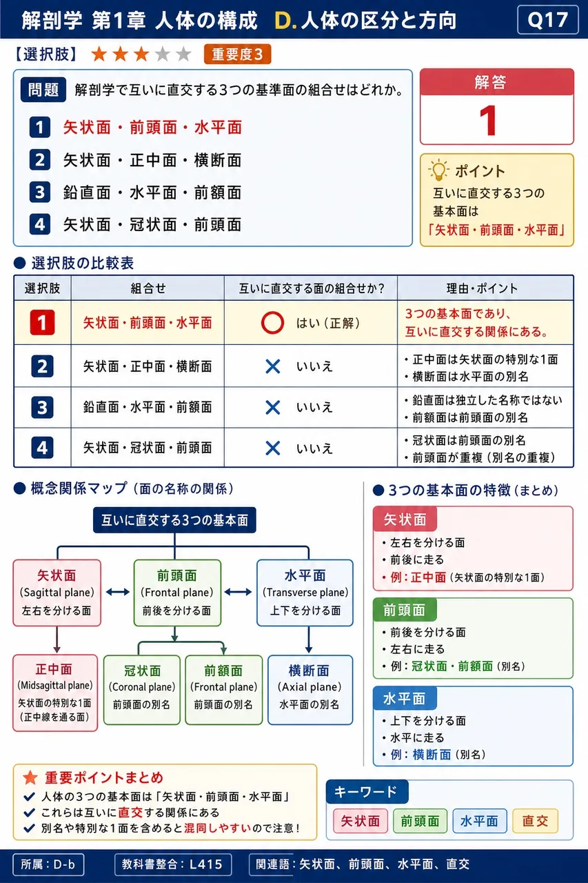 解剖学で互いに直交する3つの基準面の組合せはどれか。 解説図