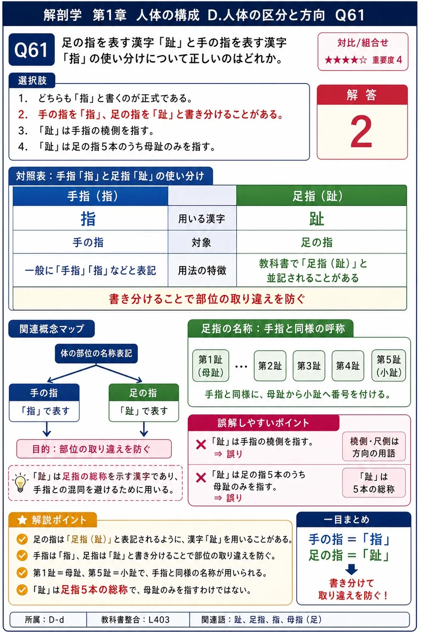 足の指を表す漢字「趾」と手の指を表す漢字「指」の使い分けについて正しいのはどれか。 解説図