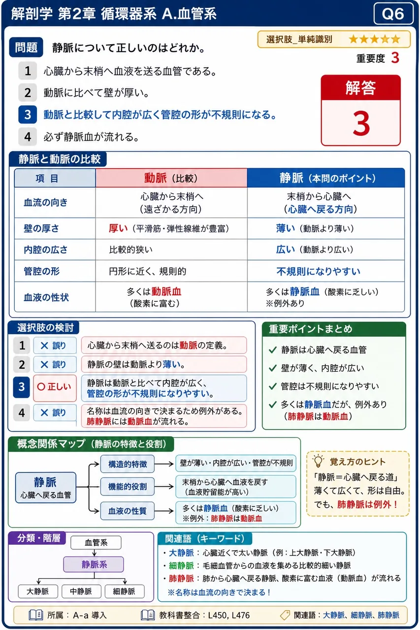 静脈について正しいのはどれか。 解説図