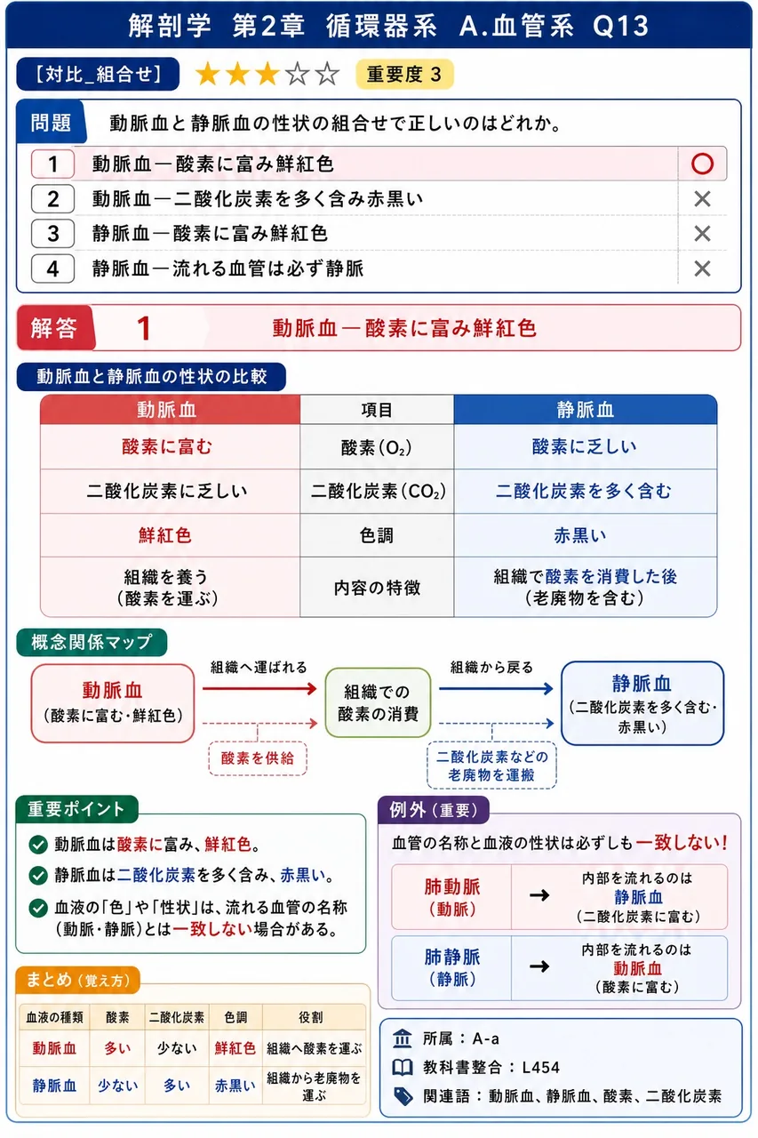 動脈血と静脈血の性状の組合せで正しいのはどれか。 解説図