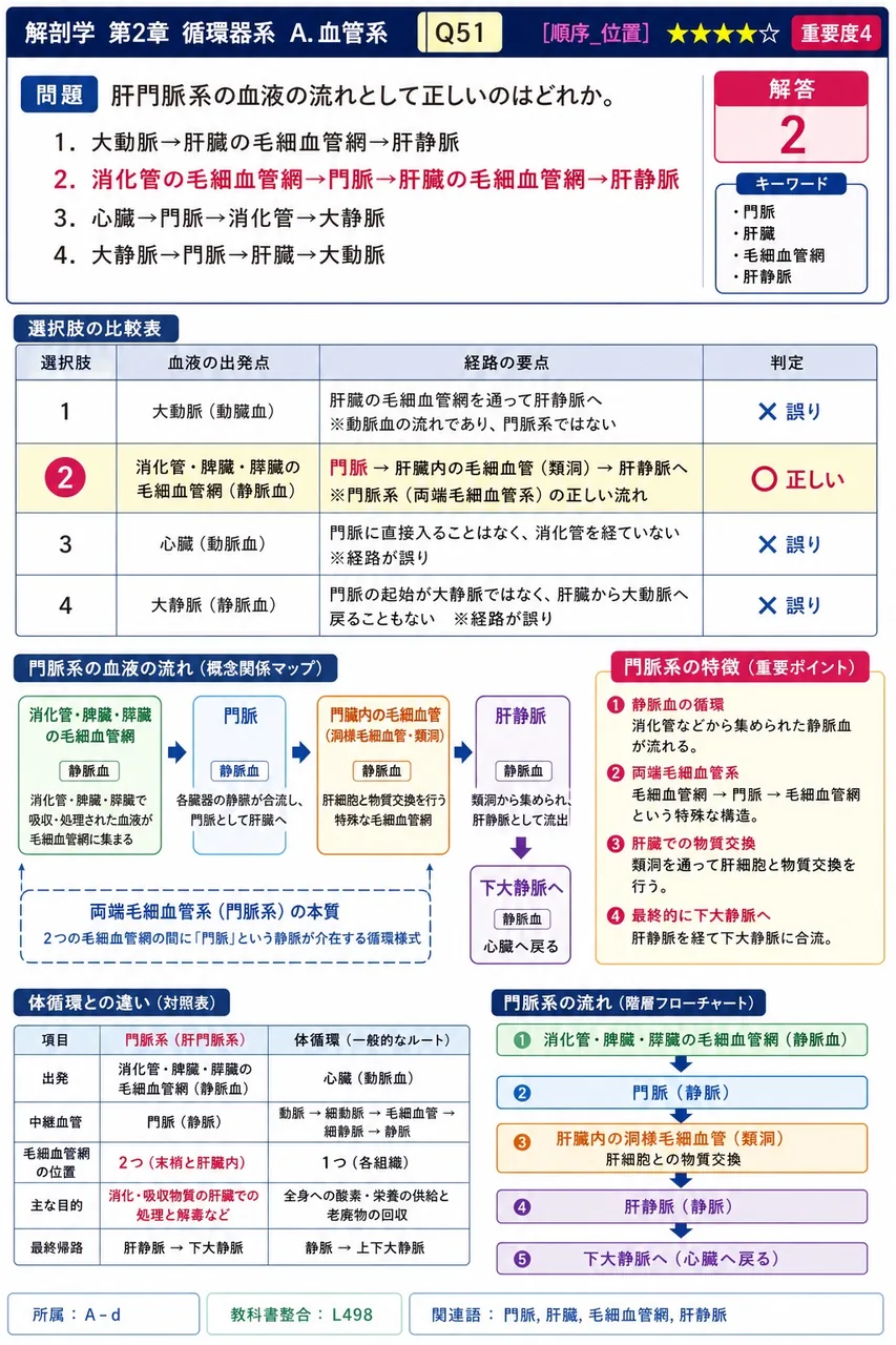 肝門脈系の血液の流れとして正しいのはどれか。 解説図