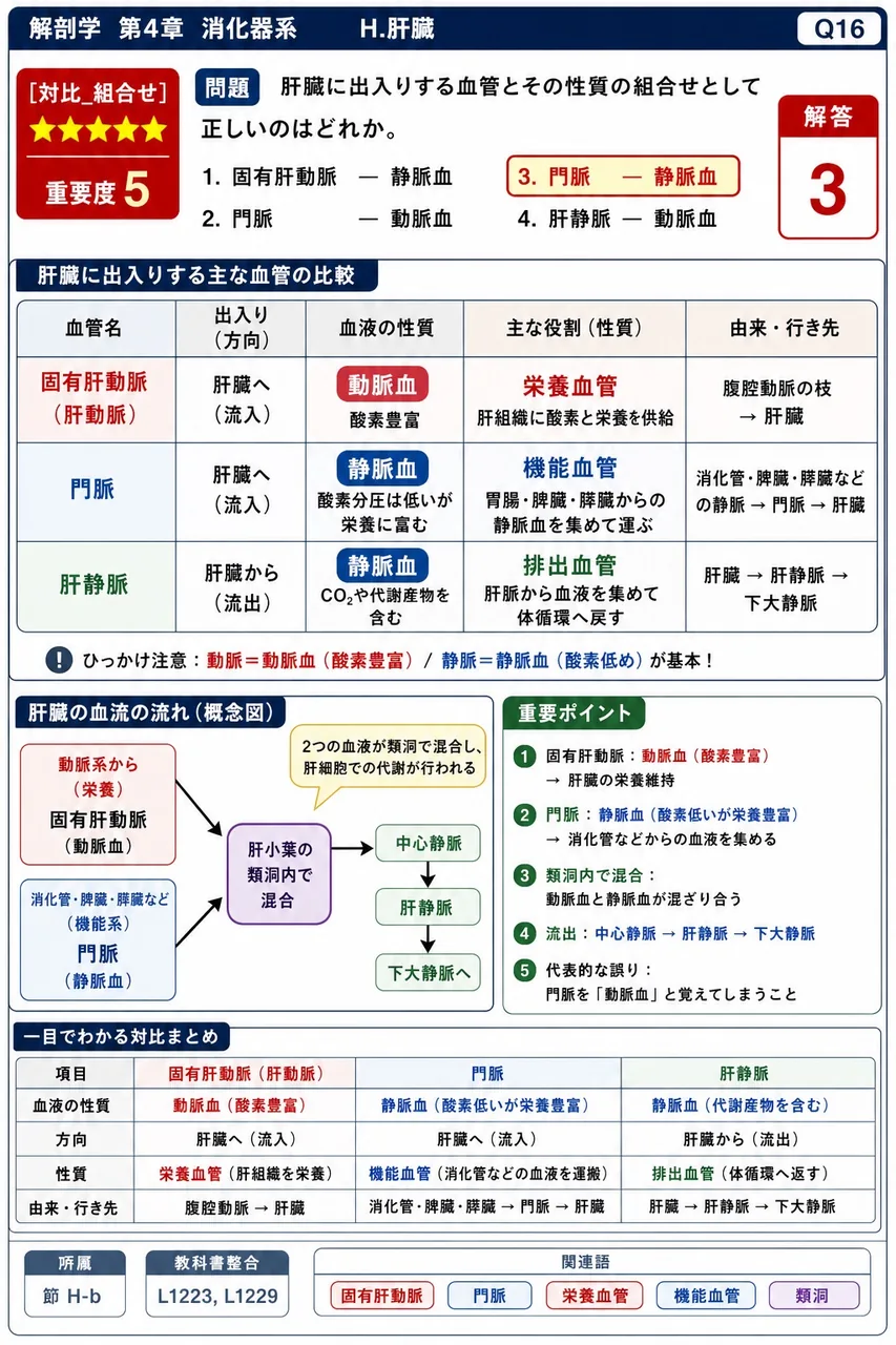 肝臓に出入りする血管とその性質の組合せとして正しいのはどれか。 解説図