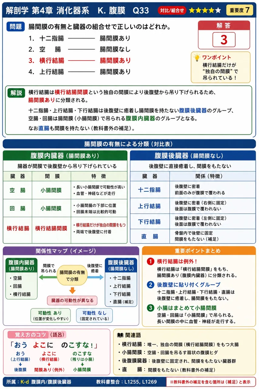 腹膜後器官に該当しない臓器はどれか。 解説図
