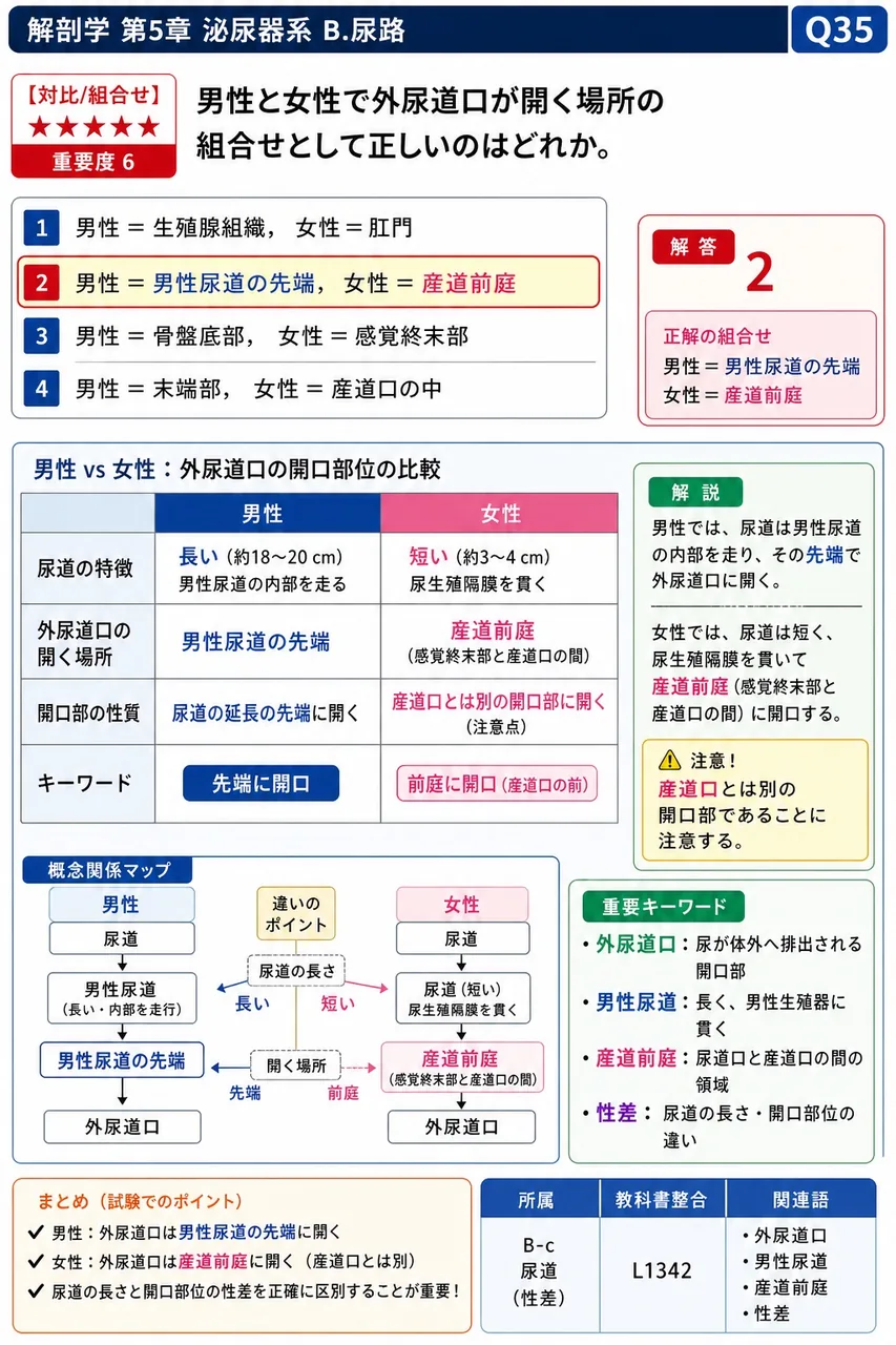 男性と女性で外尿道口が開く場所の組合せとして正しいのはどれか。 解説図