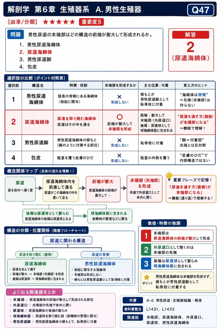陰茎の亀頭はどの構造の前端が膨大して形成されるか。 解説図