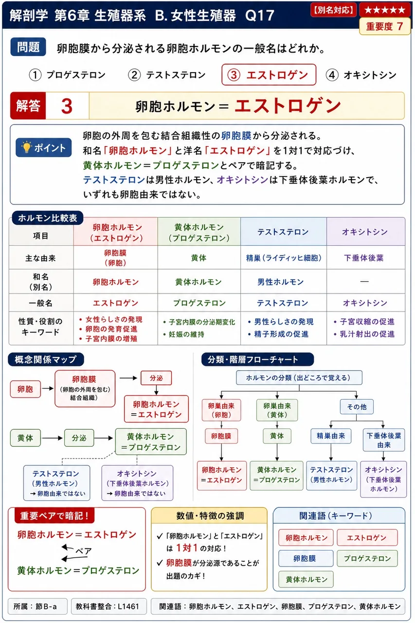 卵胞膜から分泌される卵胞ホルモンの一般名はどれか。 解説図
