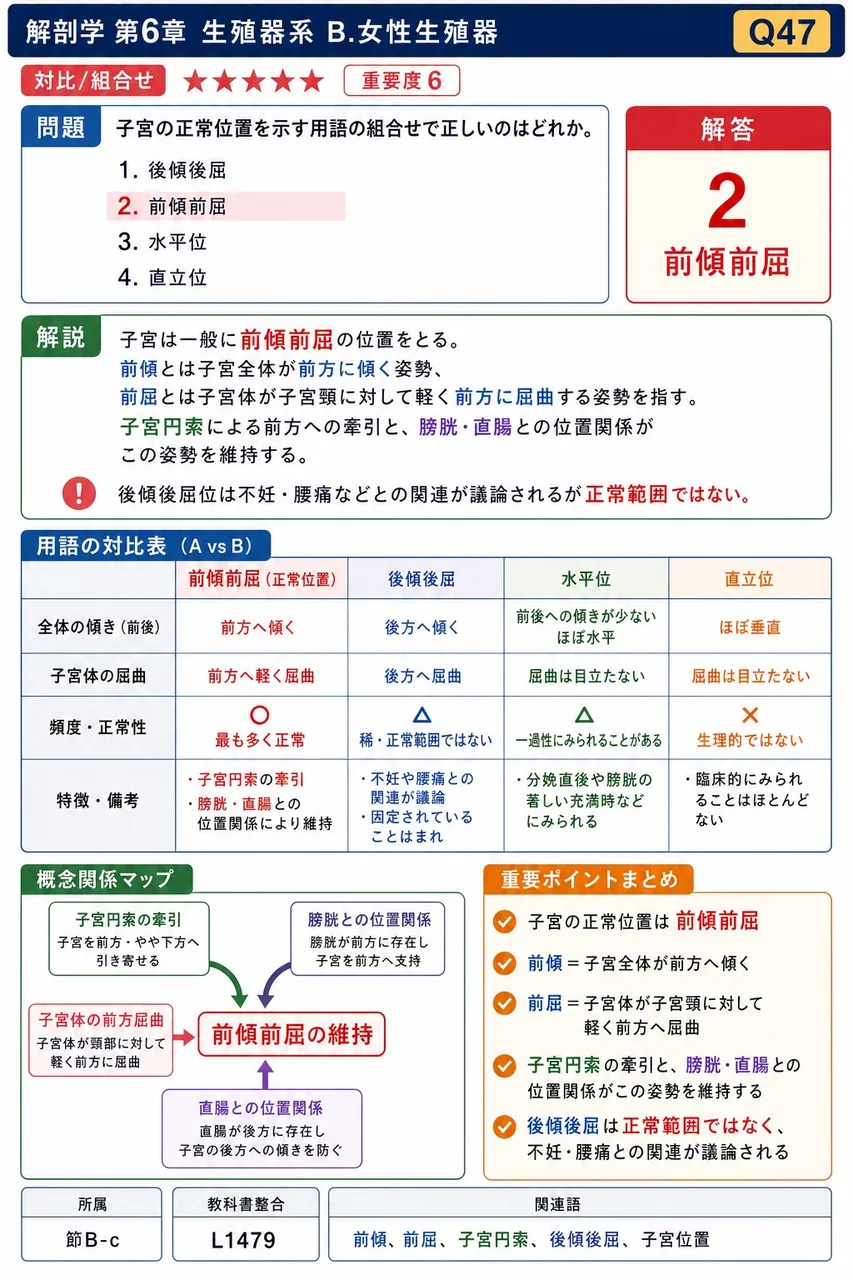 子宮の正常位置を示す用語の組合せで正しいのはどれか。 解説図