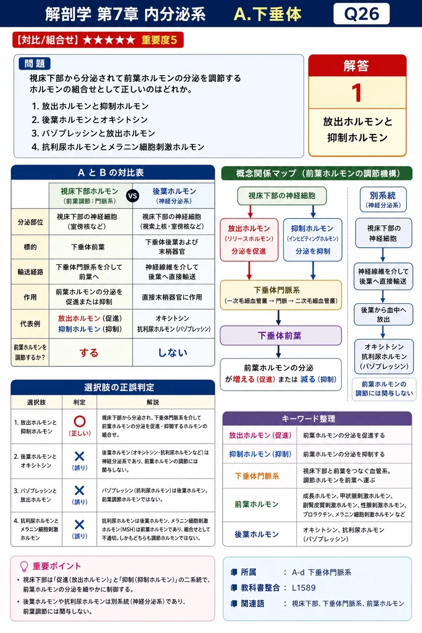視床下部から分泌されて前葉ホルモンの分泌を調節するホルモンの組合せとして正しいのはどれか。 解説図
