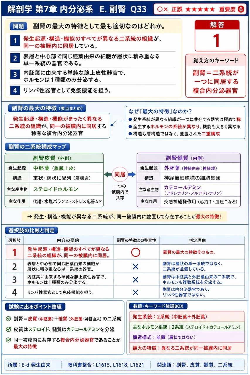 副腎の最大の特徴として最も適切なのはどれか。 解説図