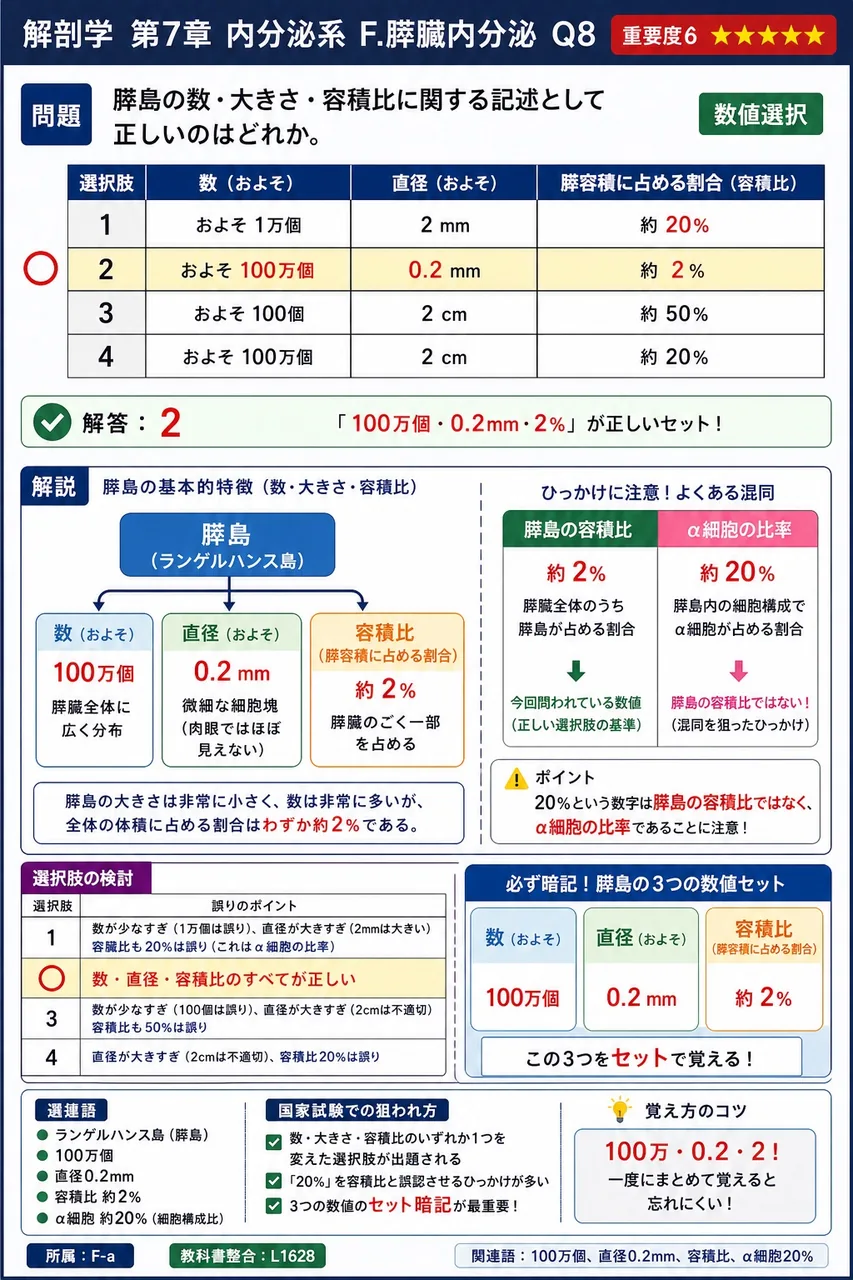 膵島の数・大きさ・容積比に関する記述として正しいのはどれか。 解説図