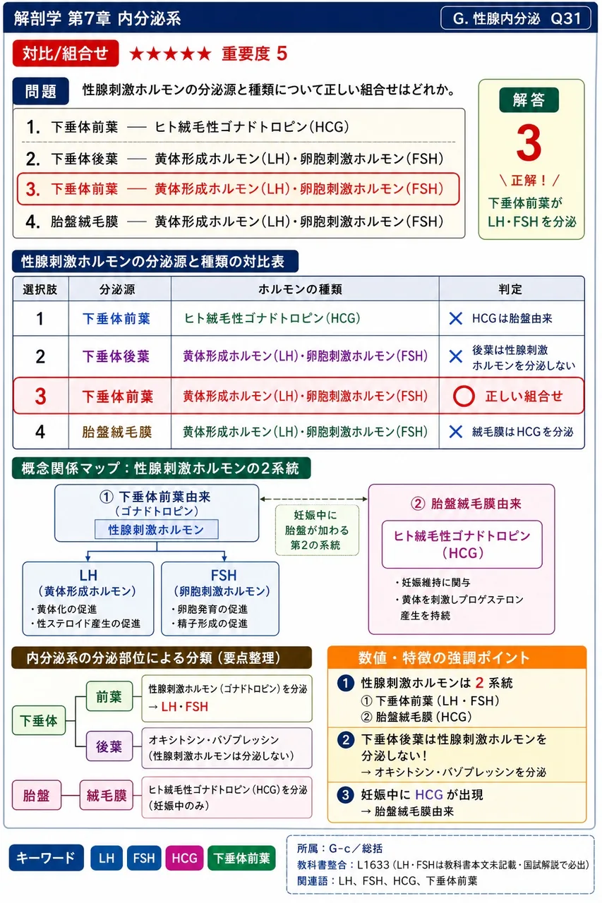 性腺刺激ホルモンの分泌源と種類について正しい組合せはどれか。 解説図