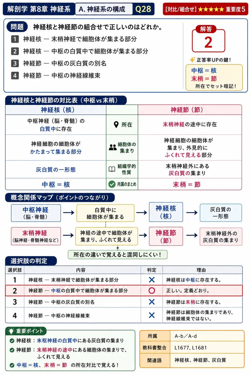 神経核と神経節の組合せで正しいのはどれか。 解説図