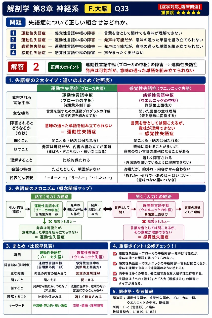 失語症について正しい組合せはどれか。 解説図