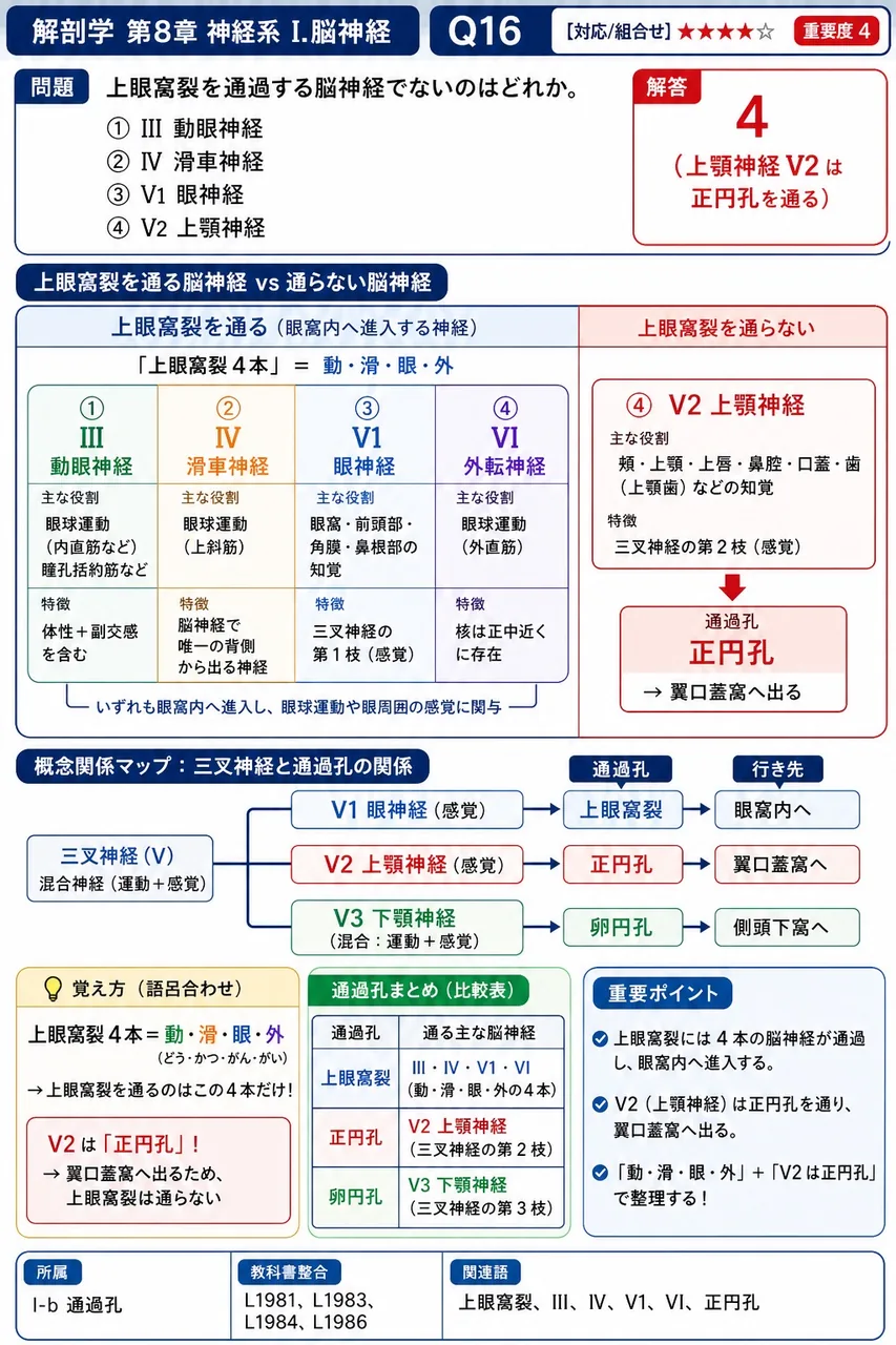 上眼窩裂を通過する脳神経でないのはどれか。 解説図