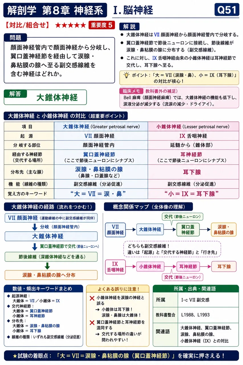 顔面神経管内で顔面神経から分岐し、翼口蓋神経節を経由して涙腺・鼻粘膜の腺へ至る副交感線維を含む神経はどれか。 解説図