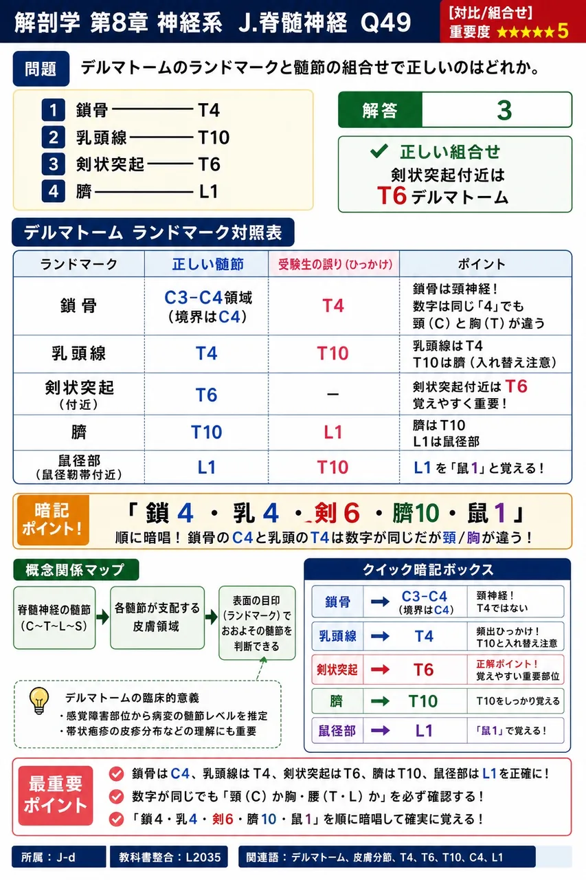 デルマトームのランドマークと髄節の組合せで正しいのはどれか。 解説図