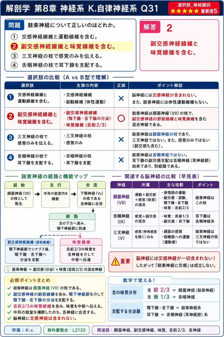 鼓索神経について正しいのはどれか。 解説図