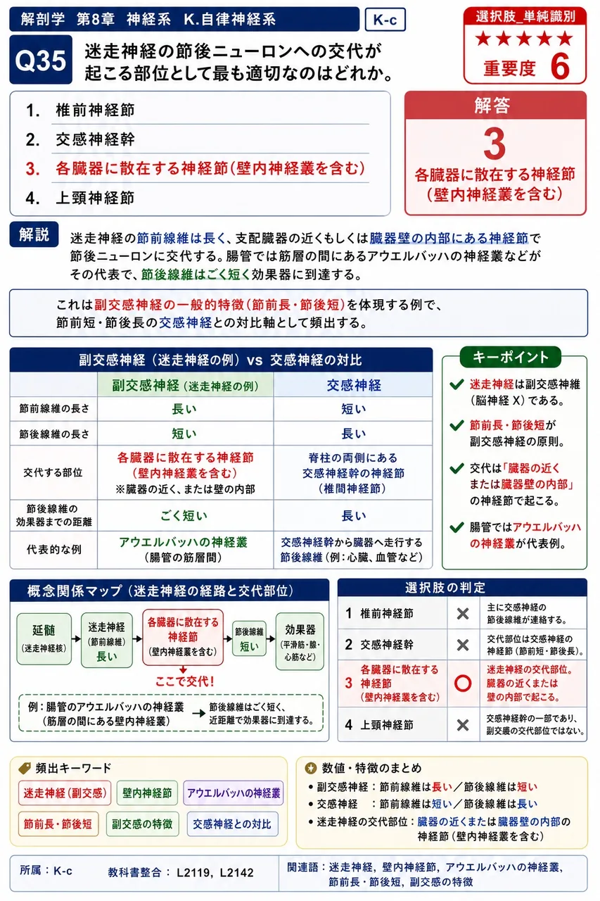 迷走神経の節後ニューロンへの交代が起こる部位として最も適切なのはどれか。 解説図