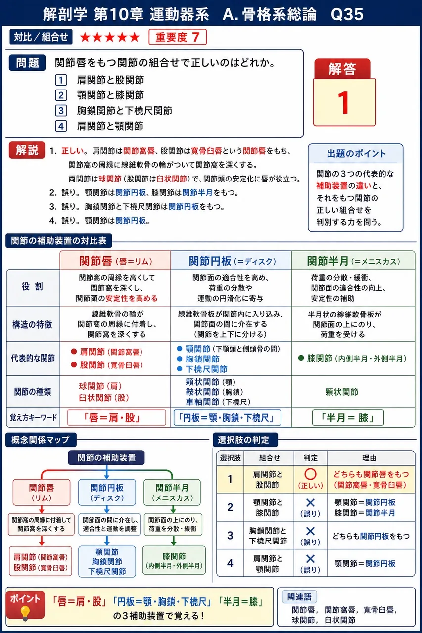 関節唇をもつ関節の組合せで正しいのはどれか。 解説図