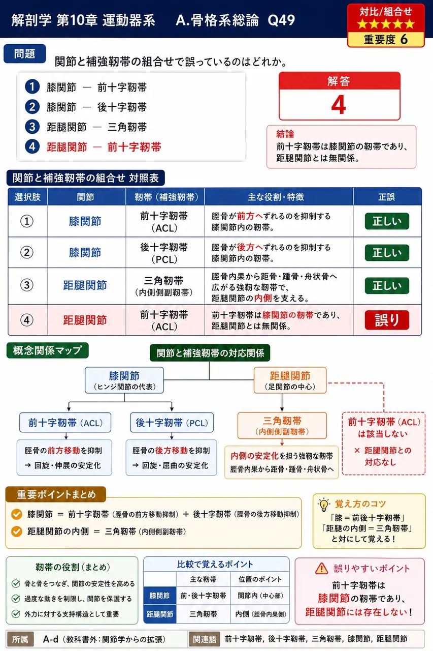 関節と補強靱帯の組合せで誤っているのはどれか。 解説図