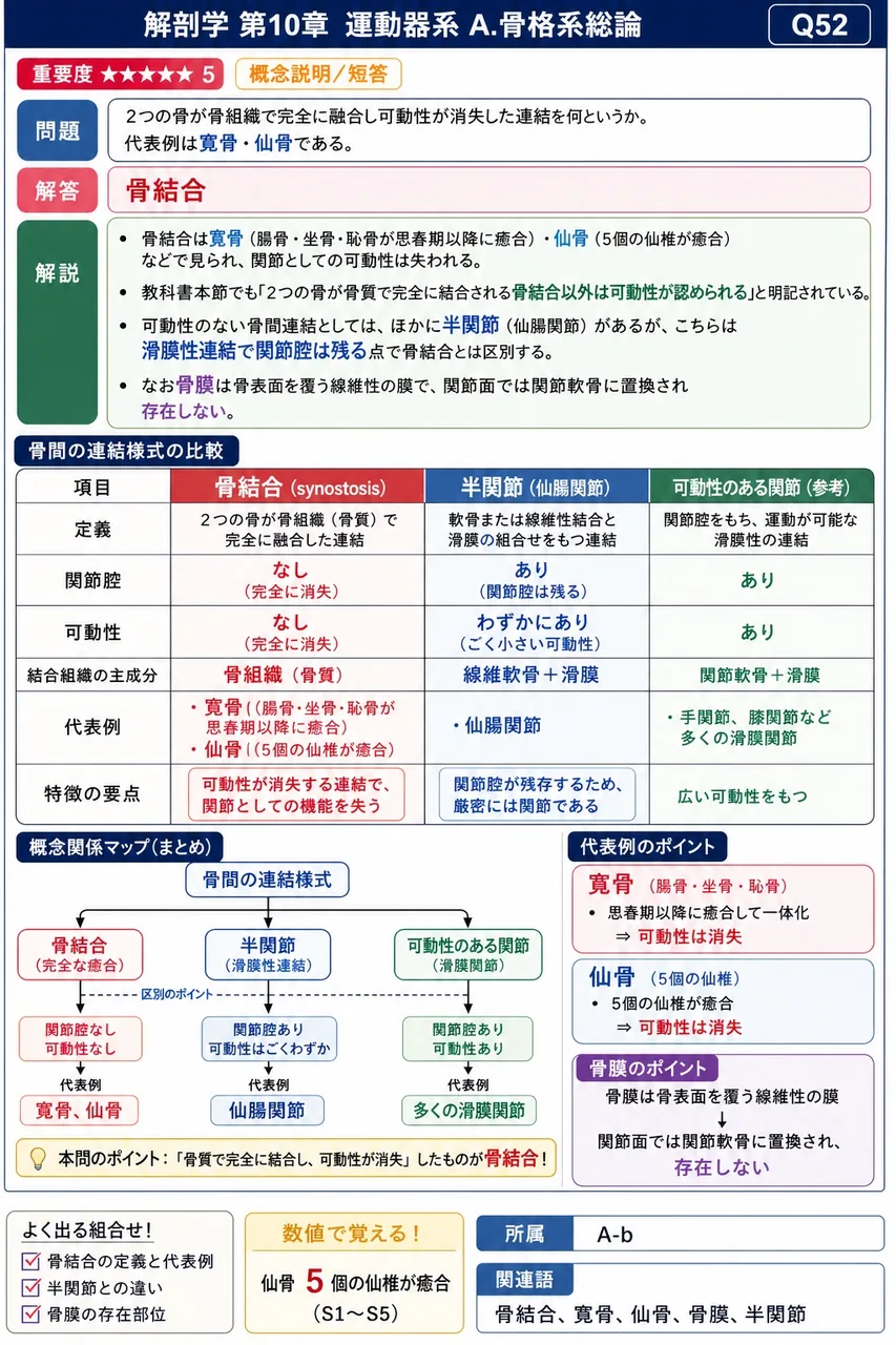 2つの骨が骨組織で完全に融合し可動性が消失した連結を何というか。代表例は寛骨・仙骨である。 解説図