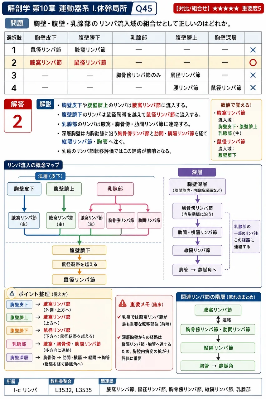 胸壁・腹壁・乳房のリンパ流入域の組合せとして正しいのはどれか。 解説図
