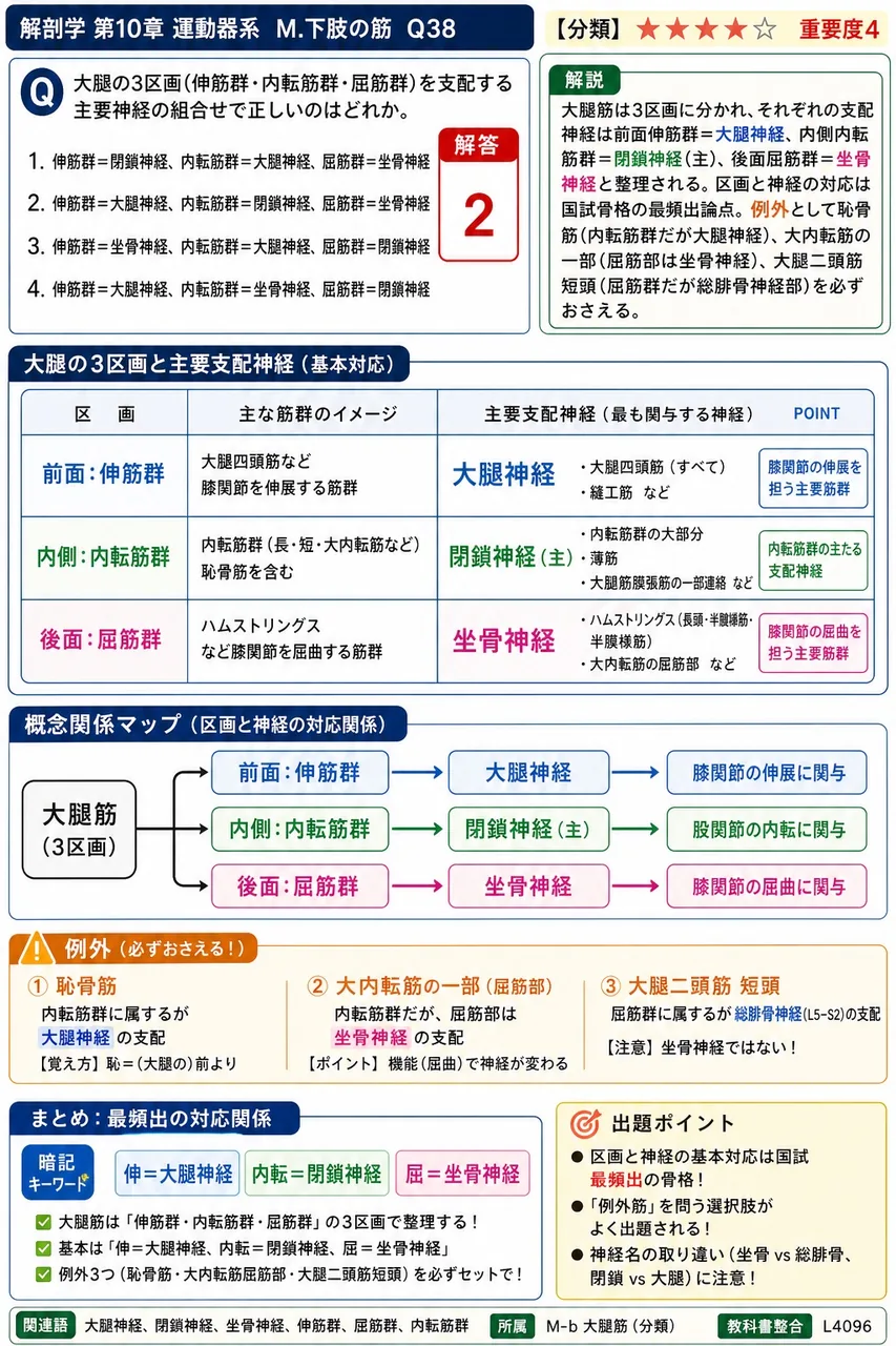 大腿の3区画(伸筋群・内転筋群・屈筋群)を支配する主要神経の組合せで正しいのはどれか。 解説図