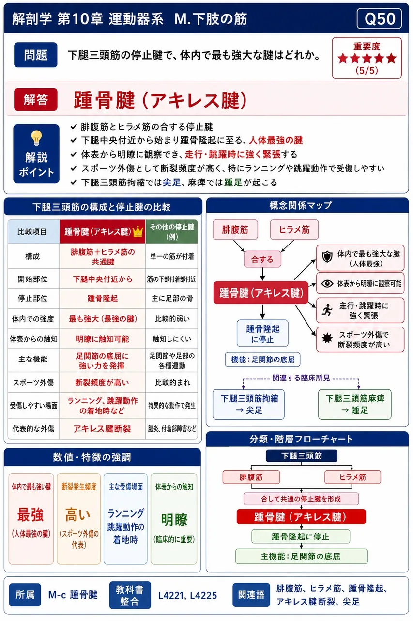 下腿三頭筋の停止腱で、体内で最も強大な腱はどれか。 解説図