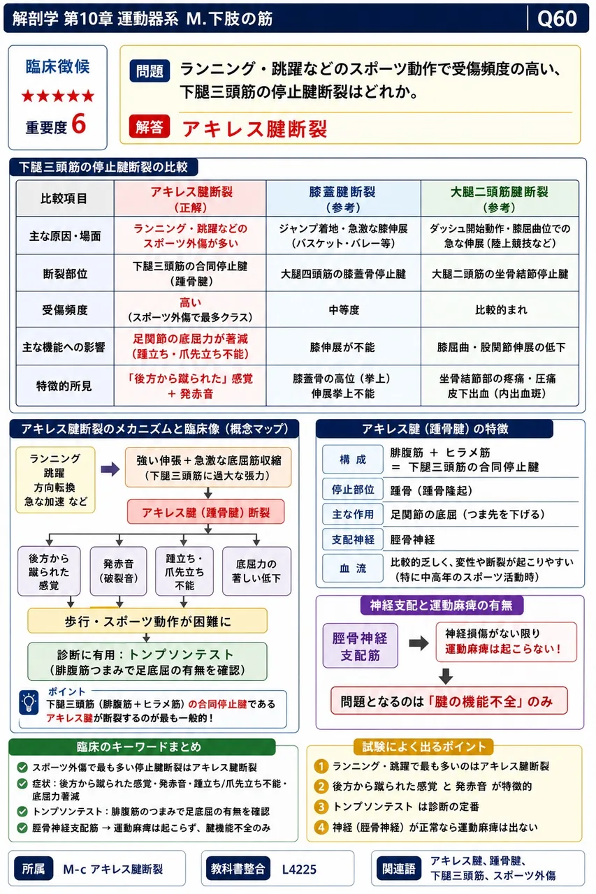 ランニング・跳躍などのスポーツ動作で受傷頻度の高い、下腿三頭筋の停止腱断裂はどれか。 解説図