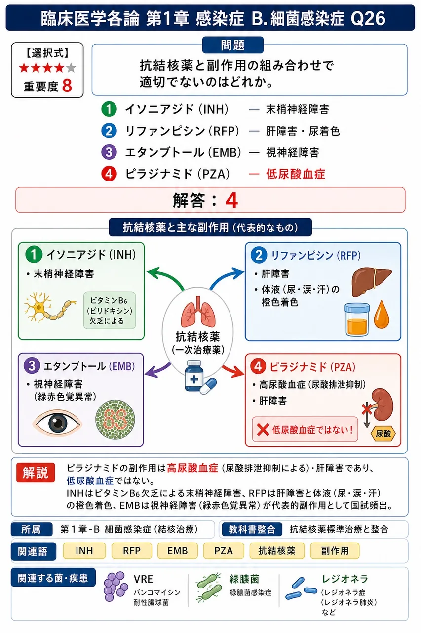 抗結核薬と副作用の組み合わせで適切でないのはどれか。 解説図