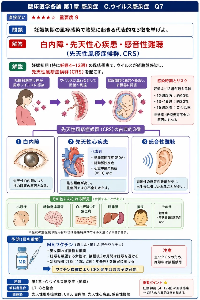 妊娠初期の風疹感染で胎児に起きる代表的な3徴を挙げよ。 解説図