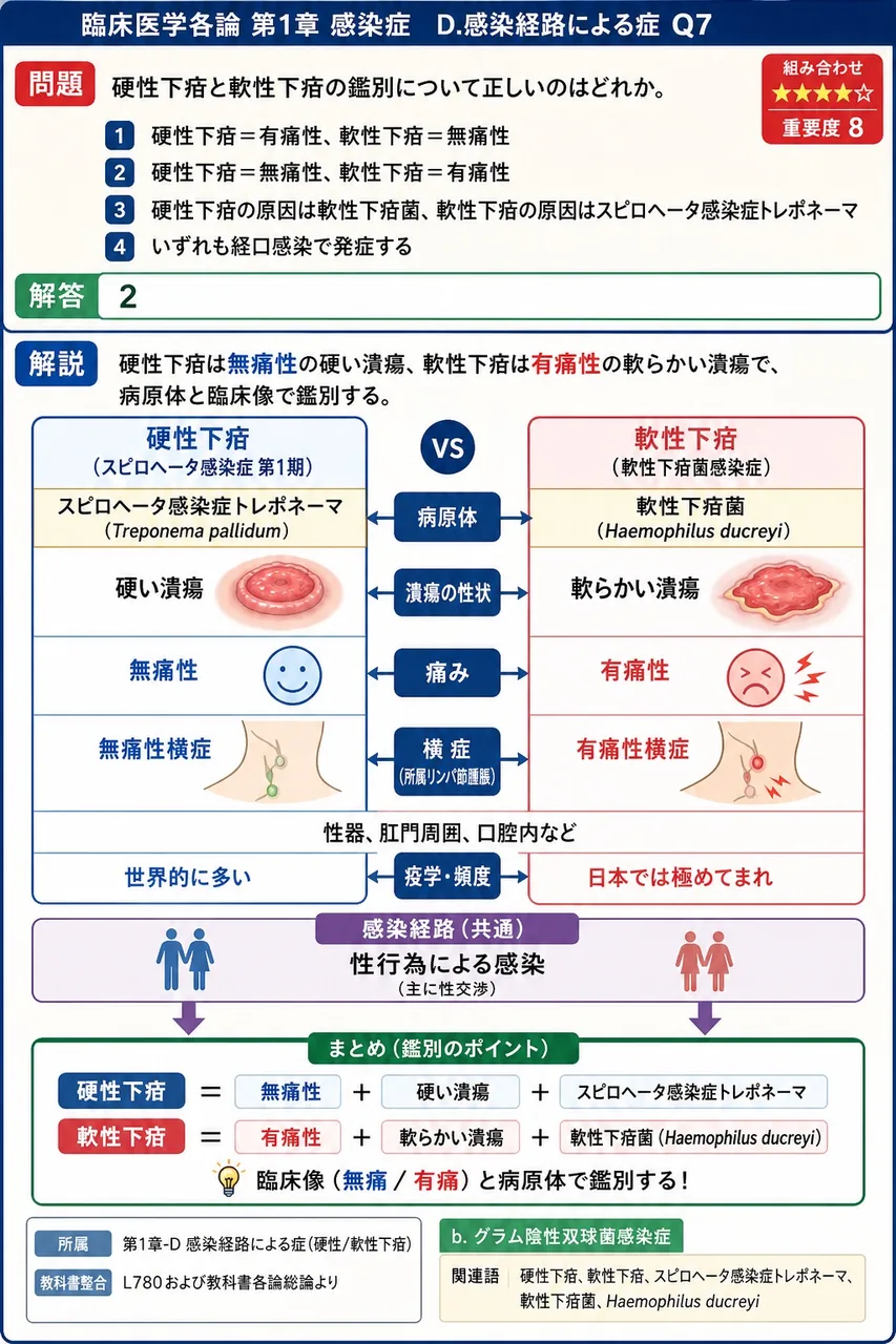 硬性下疳と軟性下疳の鑑別について正しいのはどれか。 解説図