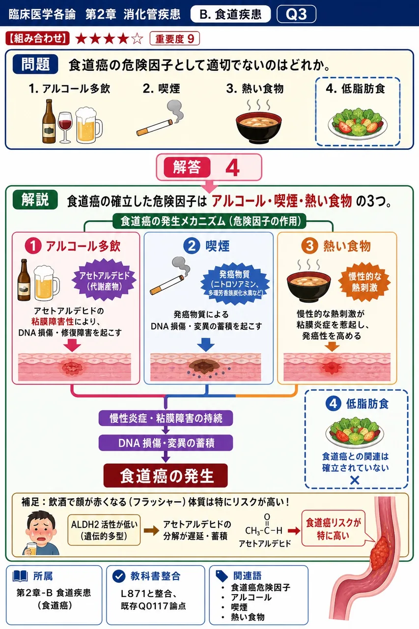食道癌の危険因子として適切でないのはどれか。 解説図