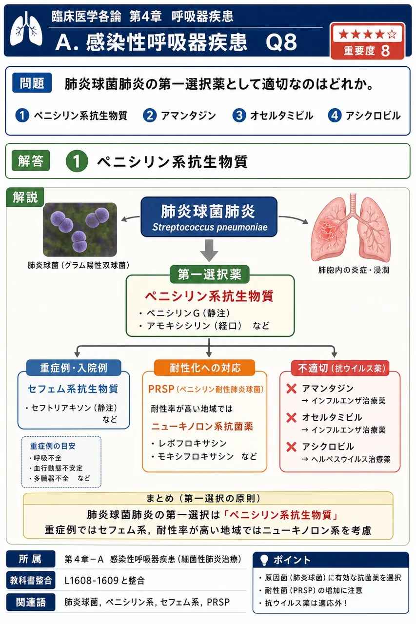 肺炎球菌肺炎の第一選択薬として適切なのはどれか。 解説図