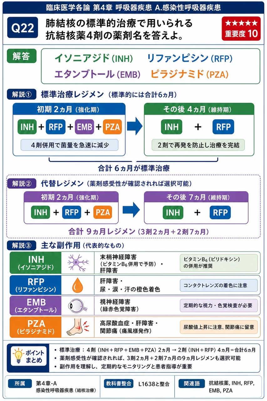 肺結核の標準的治療で用いられる抗結核薬4剤の薬剤名を答えよ。 解説図
