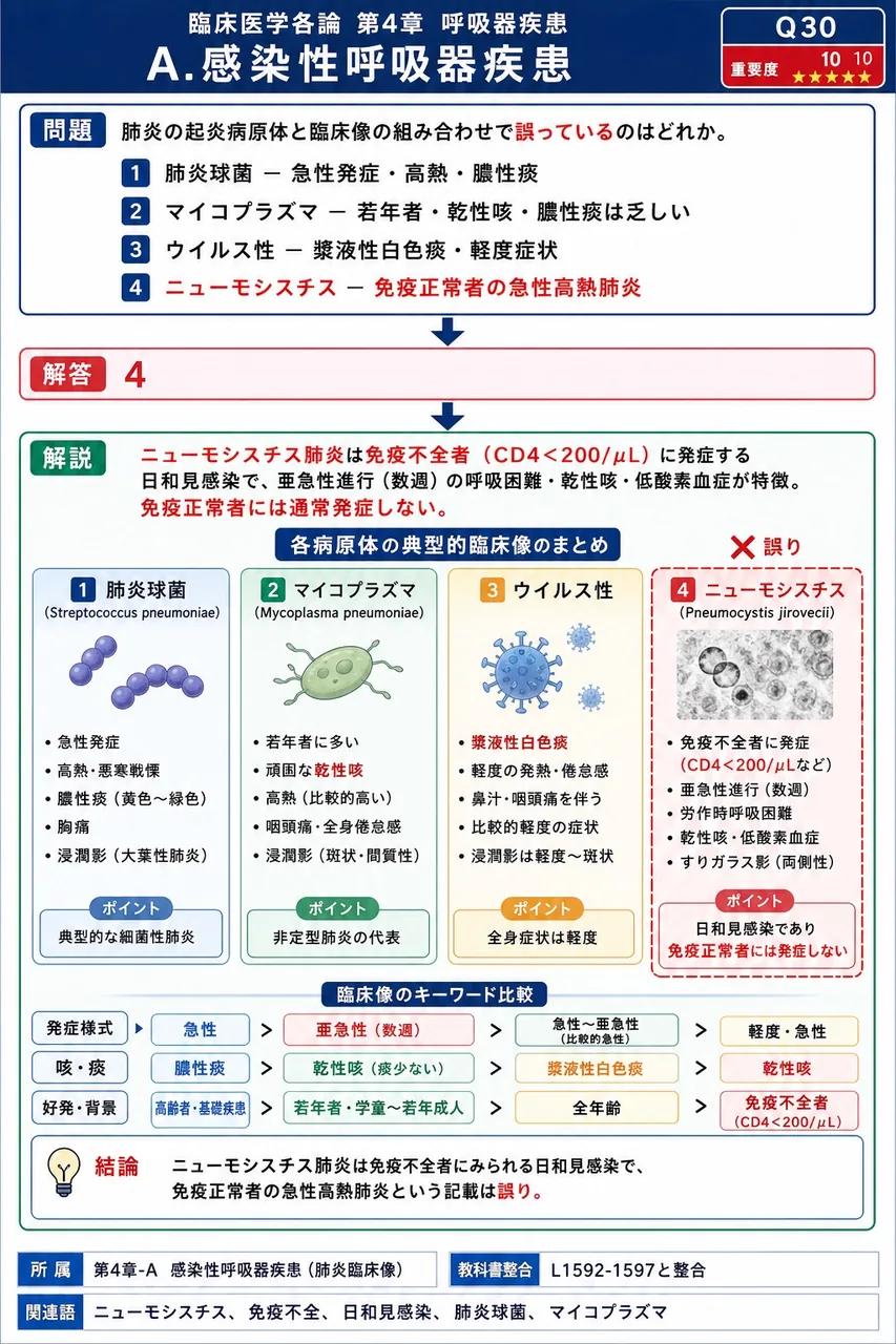 肺炎の起炎病原体と臨床像の組み合わせで誤っているのはどれか。 解説図