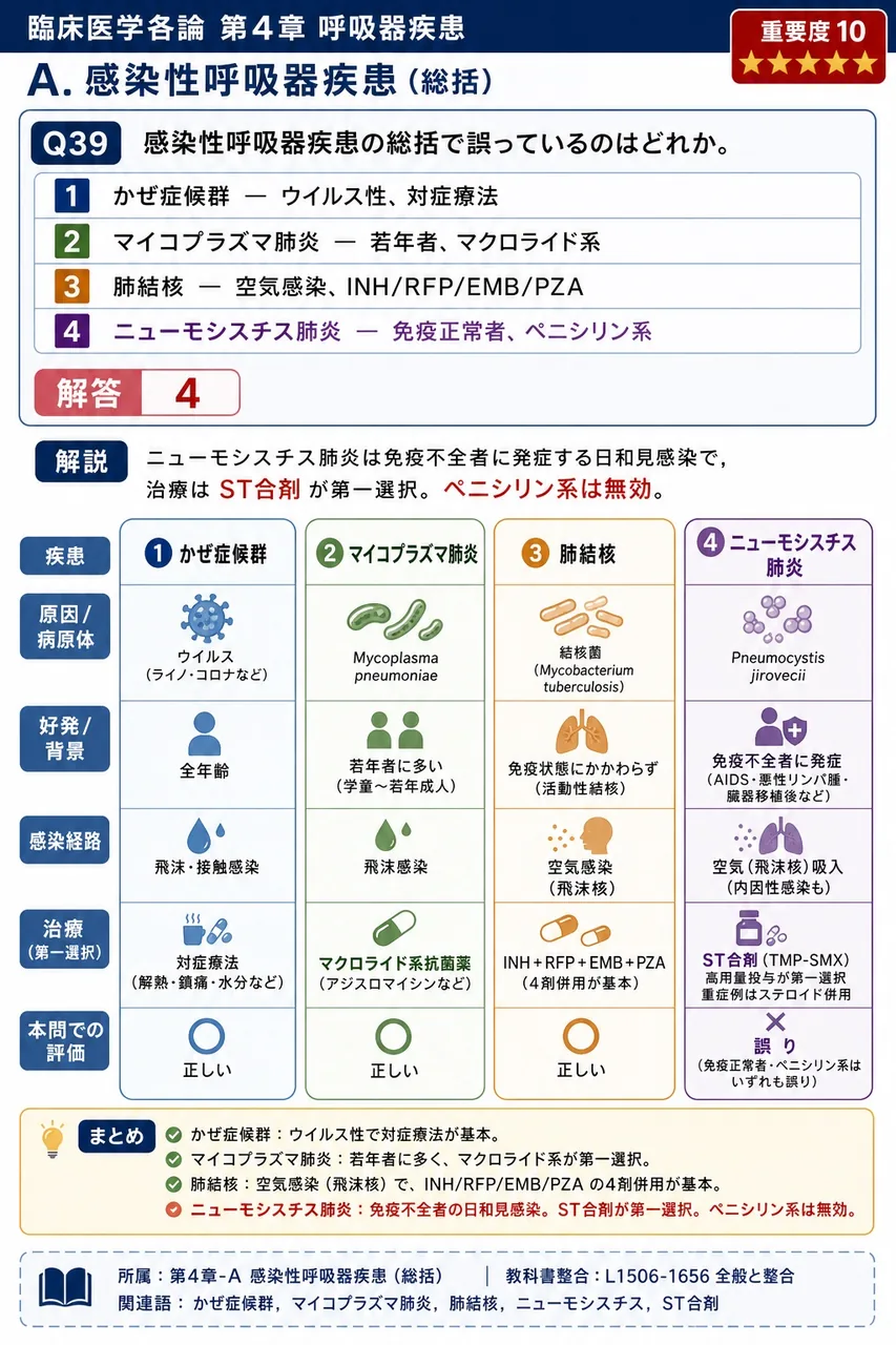 感染性呼吸器疾患の総括で誤っているのはどれか。 解説図