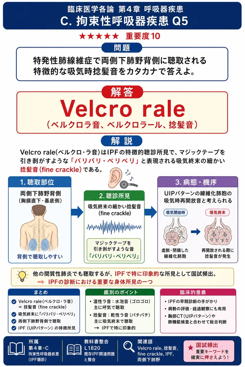 特発性肺線維症で両側下肺野背側に聴取される特徴的な吸気時捻髪音をカタカナで答えよ。 解説図