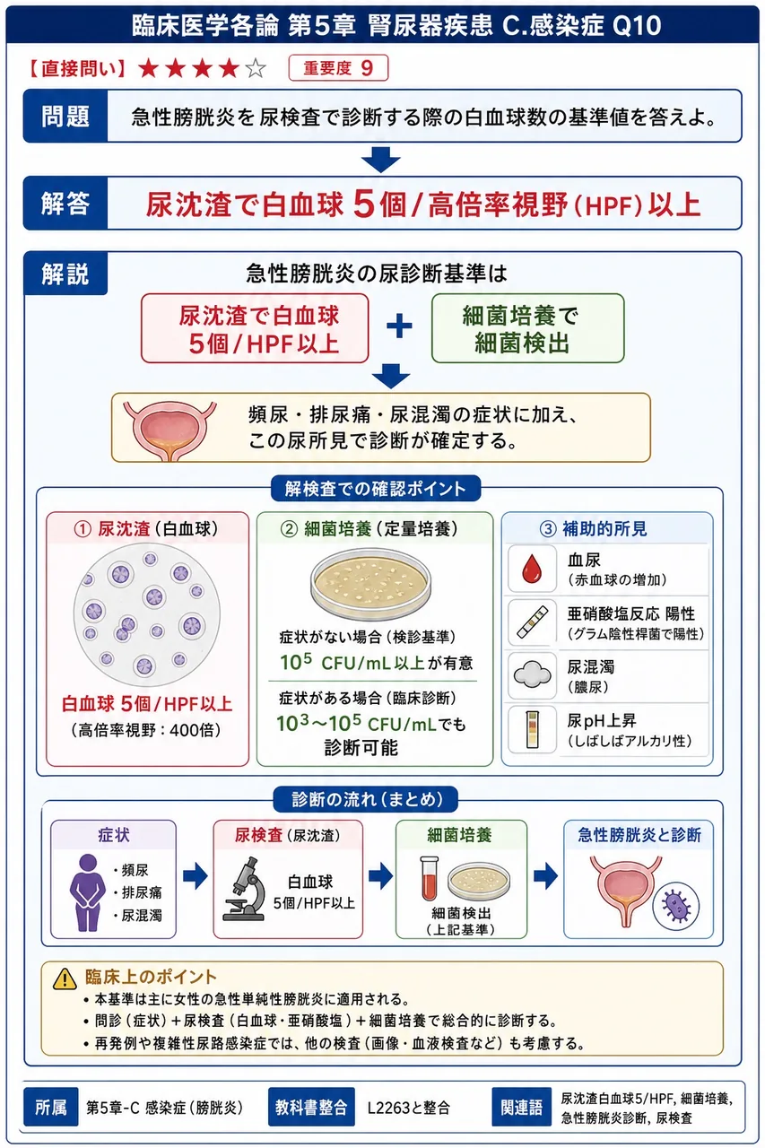急性膀胱炎を尿検査で診断する際の白血球数の基準値を答えよ。 解説図