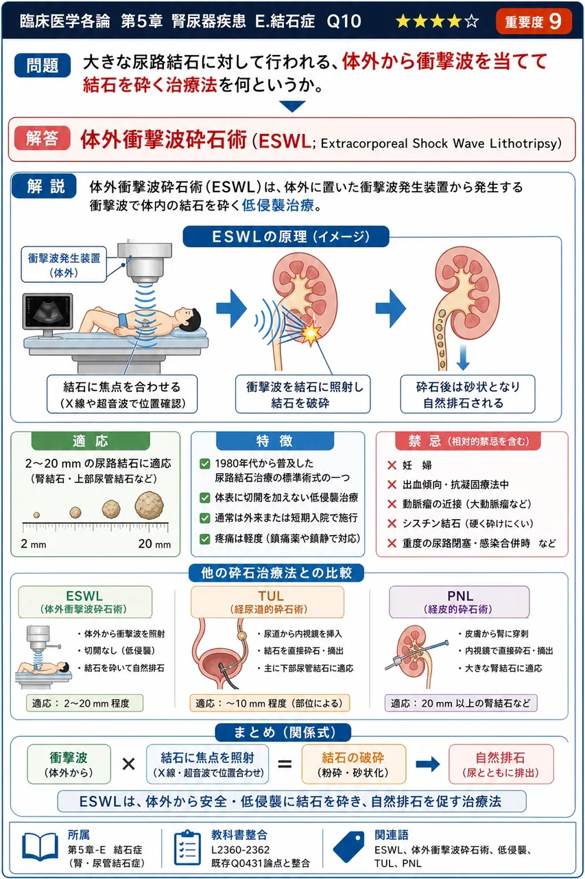 大きな尿路結石に対して行われる、体外から衝撃波を当てて結石を砕く治療法を何というか。 解説図