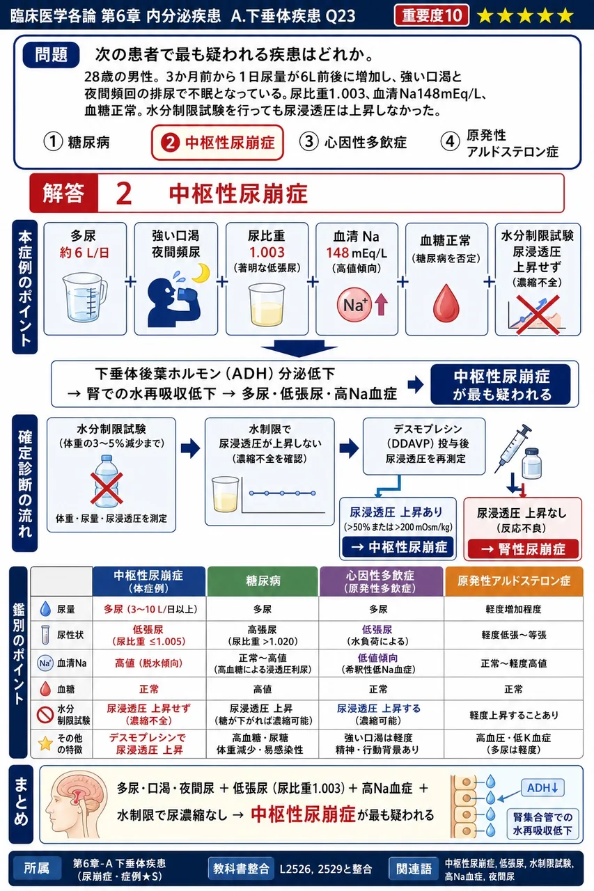 次の患者で最も疑われる疾患はどれか。 「28歳の男性。3か月前から1日尿量が6L前後に増加し、強い口渇と夜間頻回の排尿で不眠となっている。尿比重1.003、血清Na148mEq/L、血糖正常。水分制限試験を行っても尿浸透圧は上昇しなかった。」 解説図