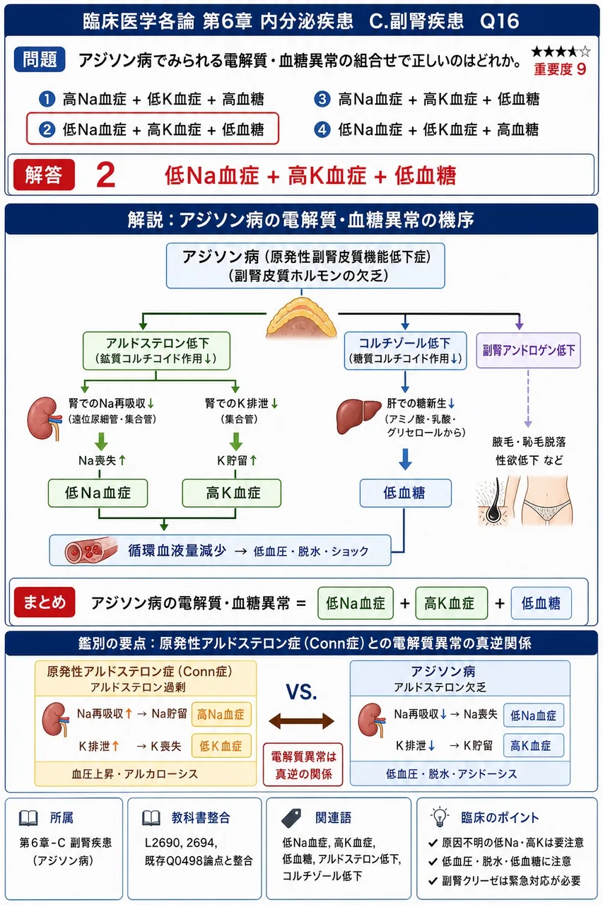 アジソン病でみられる電解質・血糖異常の組合せで**正しい**のはどれか。 解説図